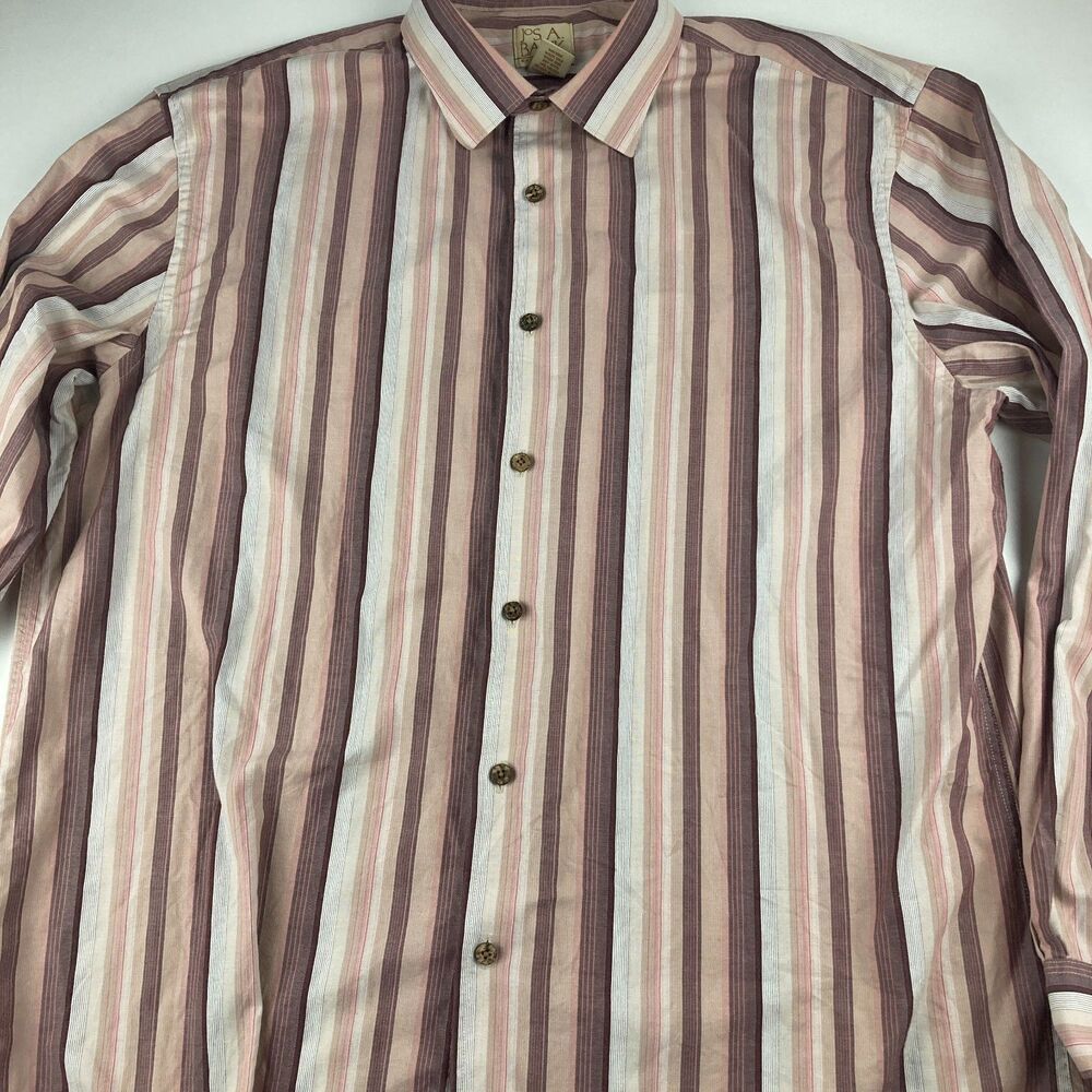 Jos A Bank Shirt Mens L Striped Long Sleeve Cotton Pink Brown White Casual